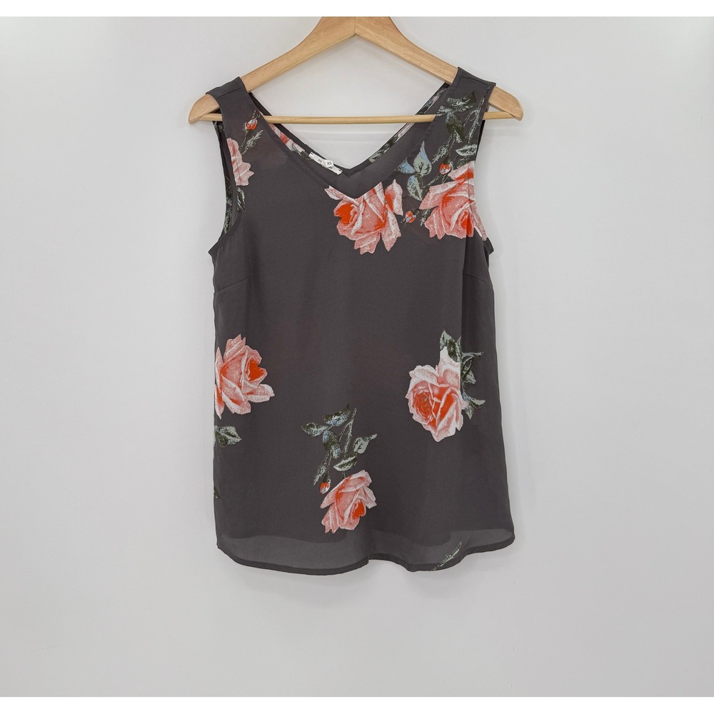 Maurice's Gray Floral Print Sleeveless Blouse‎ V Neck Chiffon Blouse XS Preppy